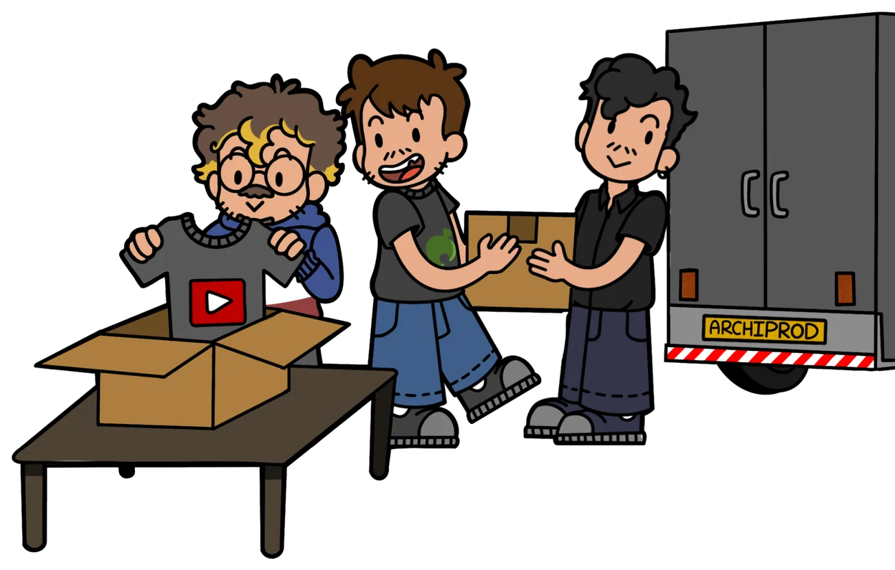 Illustration : l'équipe emballe des t-shirts devant un camion de livraison.